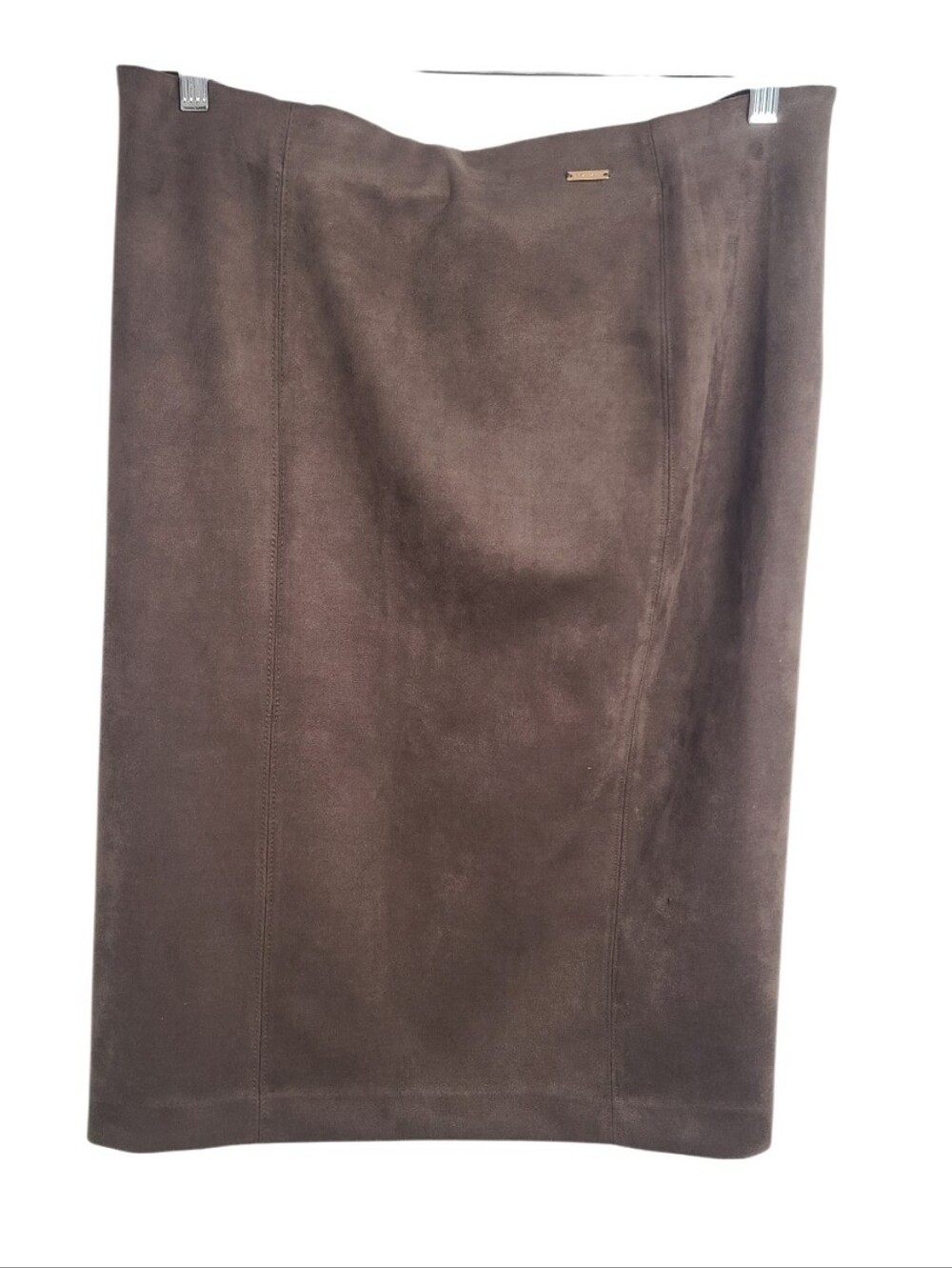 Tahari Brown Faux Suede Leather Pencil Skirt L Stretch Midi Work Office Casual